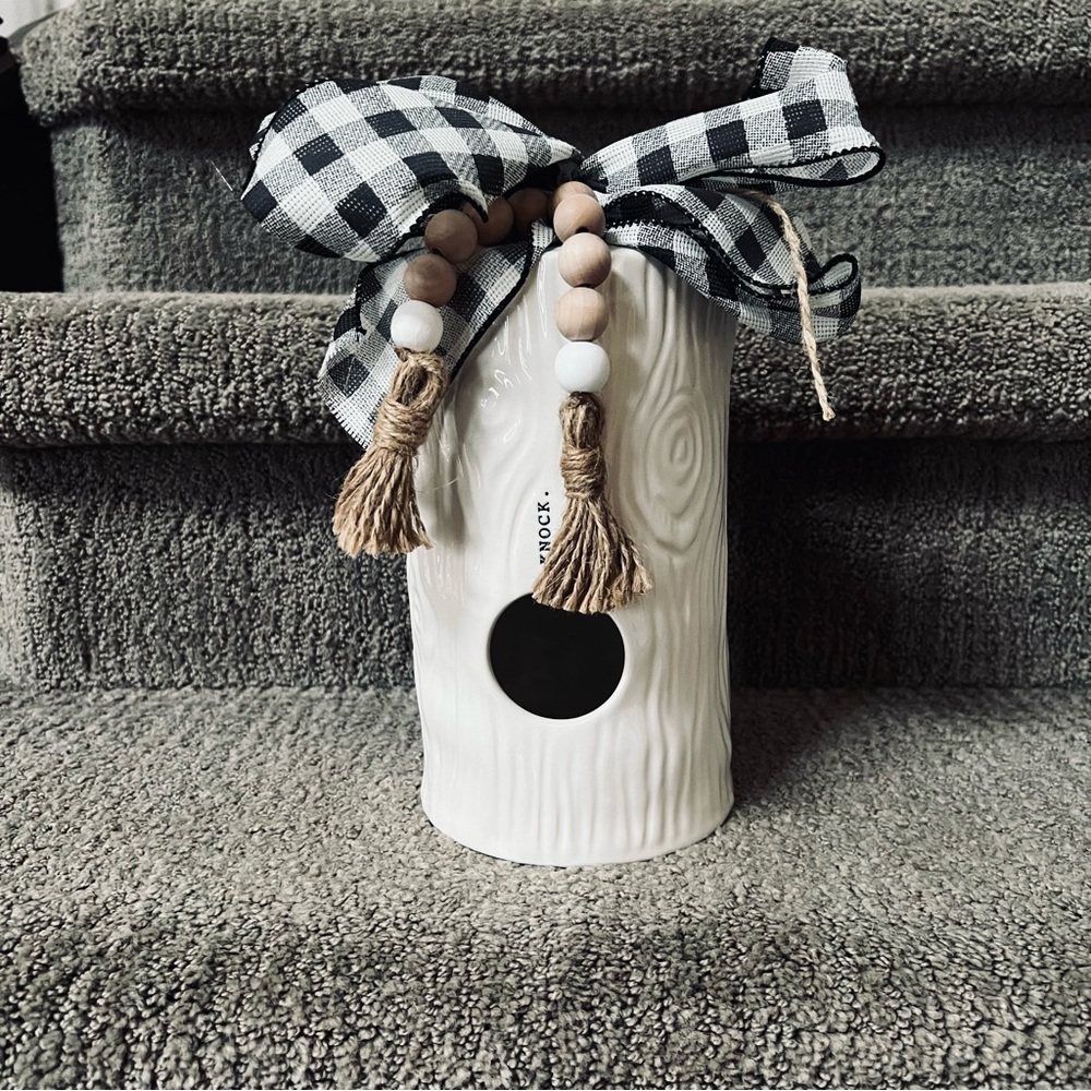 NWOT Rae Dunn Woodgrain Knock Bird house. Custom bow added.